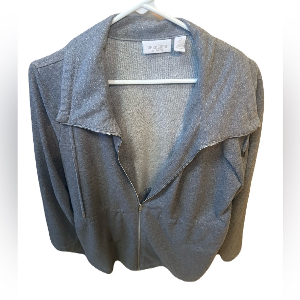 Weekends by Chicos Sparkly Gray Zip-Up Jacket size 3
